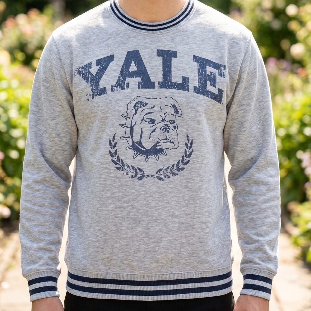 Yale University Crewneck Sweatshirt Heather‎ Grey Bulldog Graphic Striped Trim M